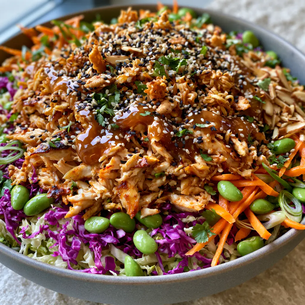 Crunchy Asian Chicken Salad with Toasted Ramen and Sesame Ginger Dressing 2 Overhead view of a Crunchy Asian chicken salad showcasing the golden-brown seared chicken and glossy ginger dressing.