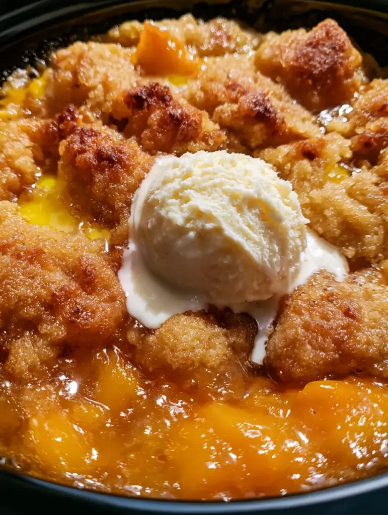 Slow Cooker Peach Bake with Golden Cake Mix Crumble 1 Macro view of vanilla bean ice cream melting over a warm slow cooker peach bake crust.
