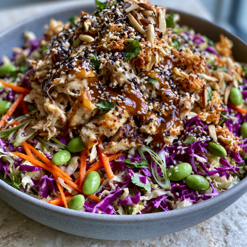 Crunchy Asian Chicken Salad with Toasted Ramen and Sesame Ginger Dressing 1 Close up of the toasted ramen noodle crunch and edamame in a Crunchy Asian chicken salad.