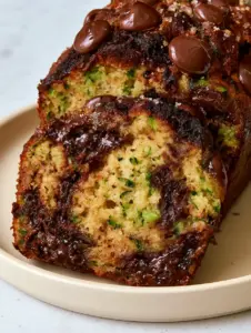 Macro shot of chocolate chip zucchini bread showing vibrant green flecks and glossy melted chocolate chunks.