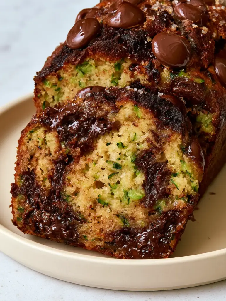 Chocolate Chip Zucchini Bread: The Ultimate Decadent and Moist Loaf 2 Macro shot of chocolate chip zucchini bread showing vibrant green flecks and glossy melted chocolate chunks.