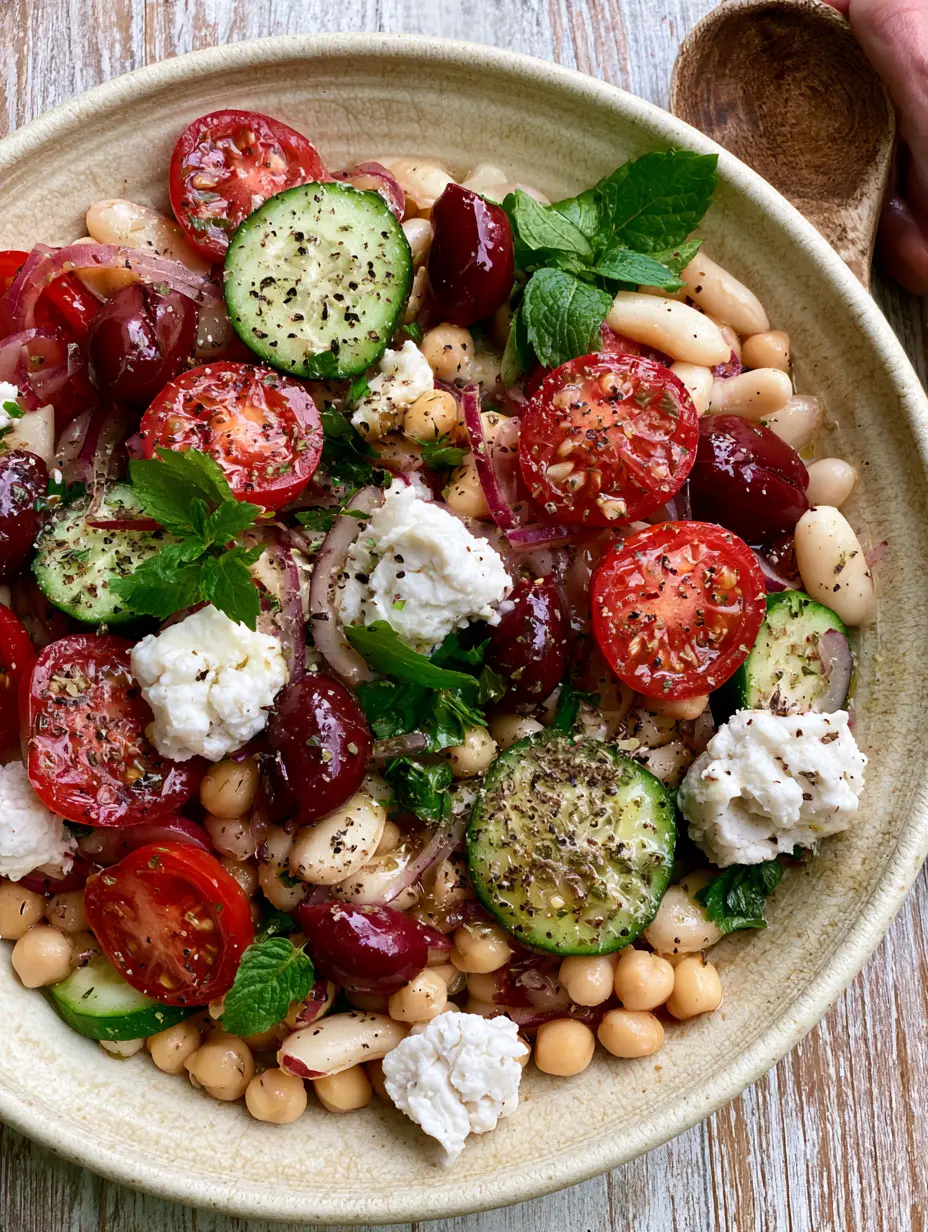 Detailed overhead shot of Greek bean salad with glistening lemon-herb dressing, fresh mint, and wrinkled kalamata olives.