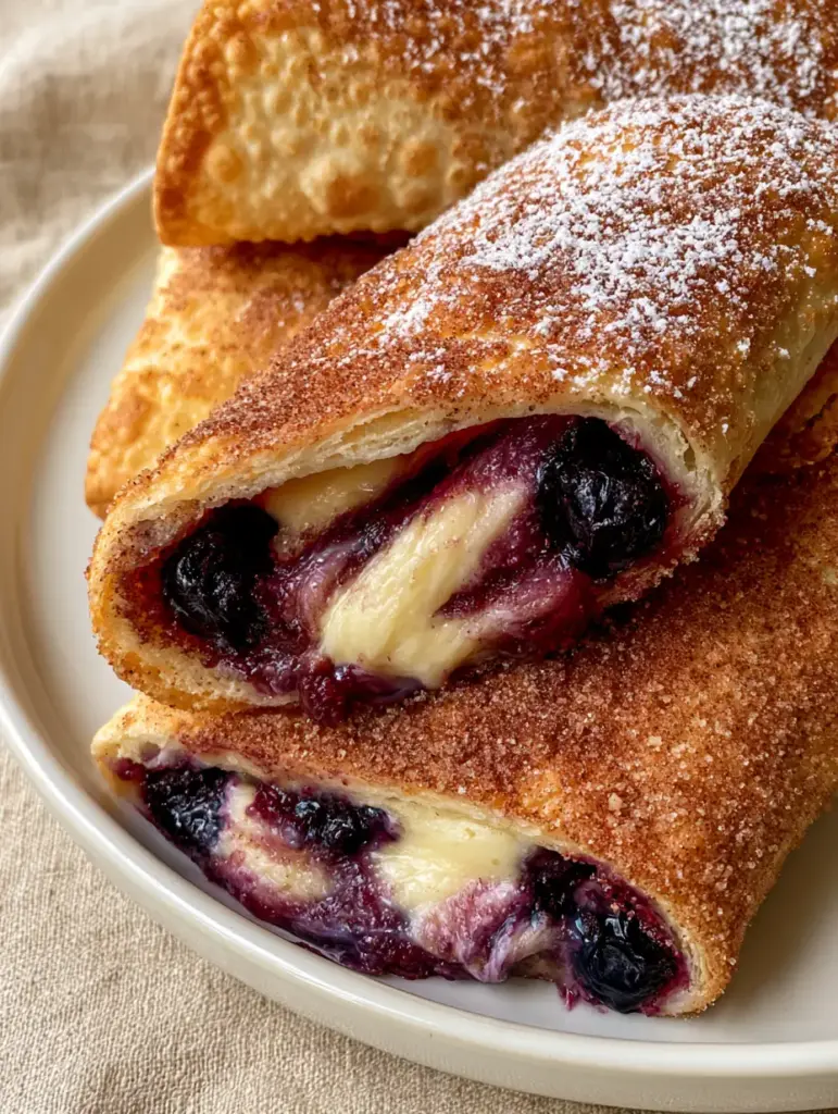 Air Fryer Blueberry Chimichangas: The Ultimate Crispy Cheesecake Dessert 1 Interior view of a sliced air fryer blueberry chimichanga showing purple fruit syrup and melted cream cheese.