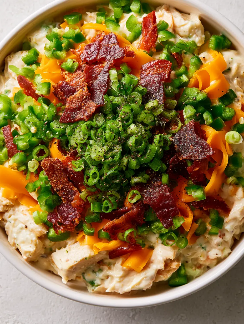 Jalapeno Popper Chicken Salad: The Ultimate Creamy and Smoky Low-Carb Recipe 3 Top-down macro shot of Jalapeno Popper Chicken Salad with glossy dressing, green jalapenos, and reddish-brown bacon.