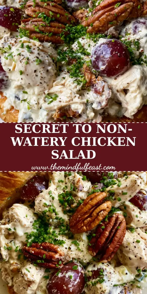 Southern Style Chicken Salad: The Ultimate Ultra-Creamy Croissant Filler 4 A top-down macro shot of Southern Style Chicken Salad overflowing from a flaky croissant, featuring thick ivory dressing, pecans, and red grapes.