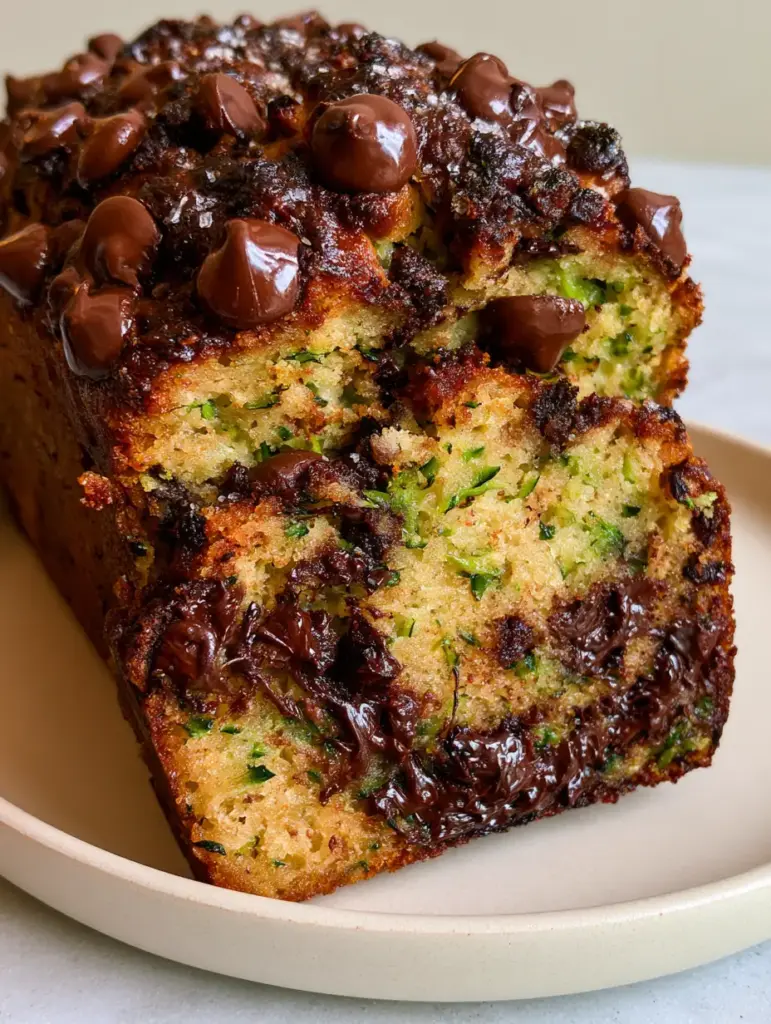 Chocolate Chip Zucchini Bread: The Ultimate Decadent and Moist Loaf 1 A full loaf of chocolate chip zucchini bread with a craggy caramelized crust and glistening semi-sweet chips.