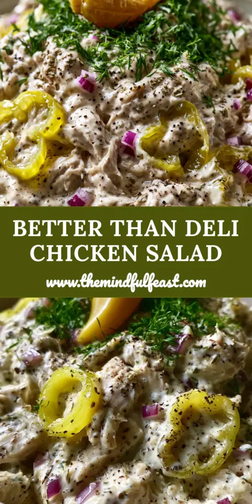 Creamy Pepperoncini Chicken Salad With Fresh Dill and Cracked Pepper 4 A handheld close-up of Creamy Pepperoncini Chicken Salad in a white bowl with neon green pepperoncini rings and purple onions.