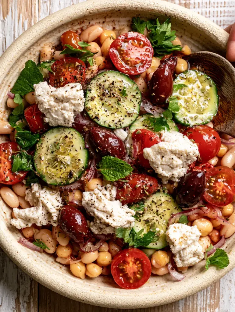 Greek bean salad served in a rustic bowl on a wooden table with a hand holding a wooden spoon about to scoop a portion.