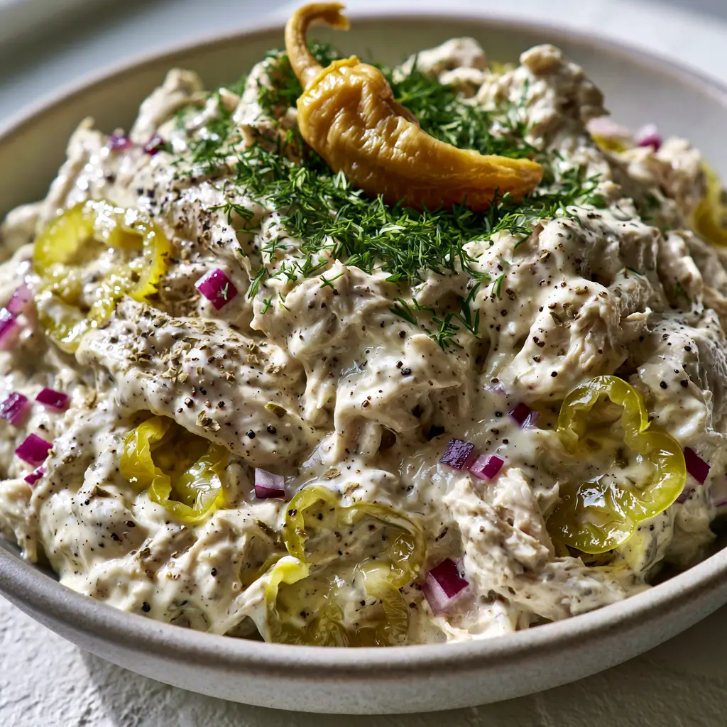 Creamy Pepperoncini Chicken Salad With Fresh Dill and Cracked Pepper 1 Creamy Pepperoncini Chicken Salad garnished with fresh dill and a whole golden pepperoncini in a ceramic bowl.