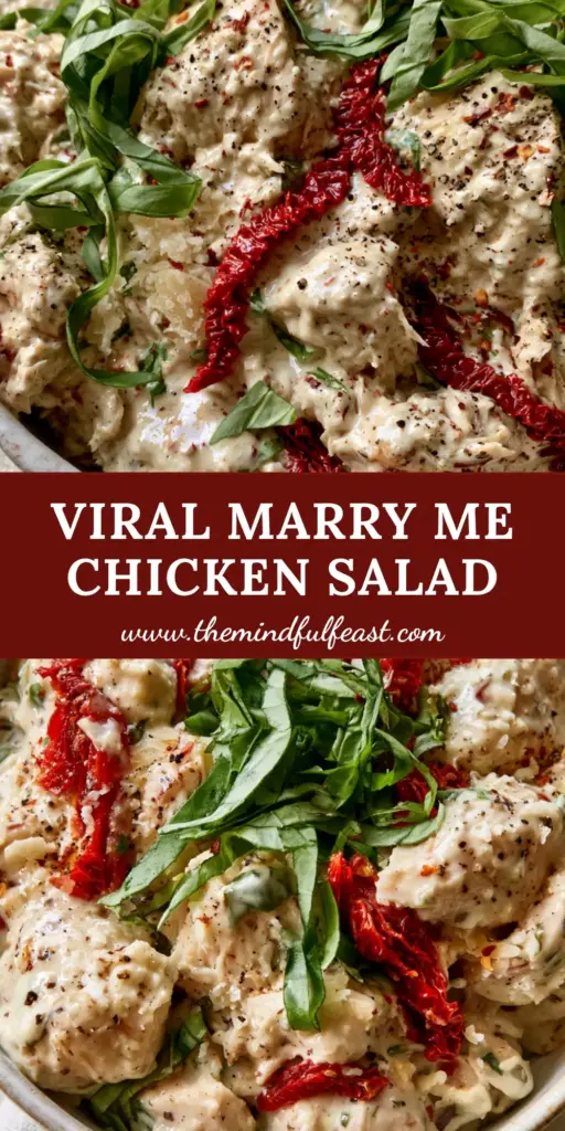 Marry Me Chicken Salad with Sun-Dried Tomatoes and Basil 4 A top-down shot of chunky marry me chicken salad in a white bowl garnished with basil and red pepper flakes.