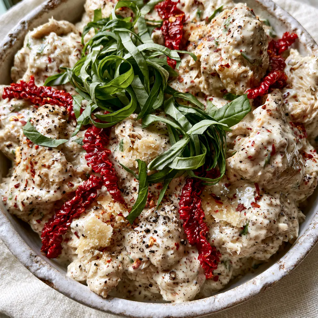 Marry Me Chicken Salad with Sun-Dried Tomatoes and Basil 2 Close-up of marry me chicken salad featuring hand-shredded chicken and glossy parmesan dressing.