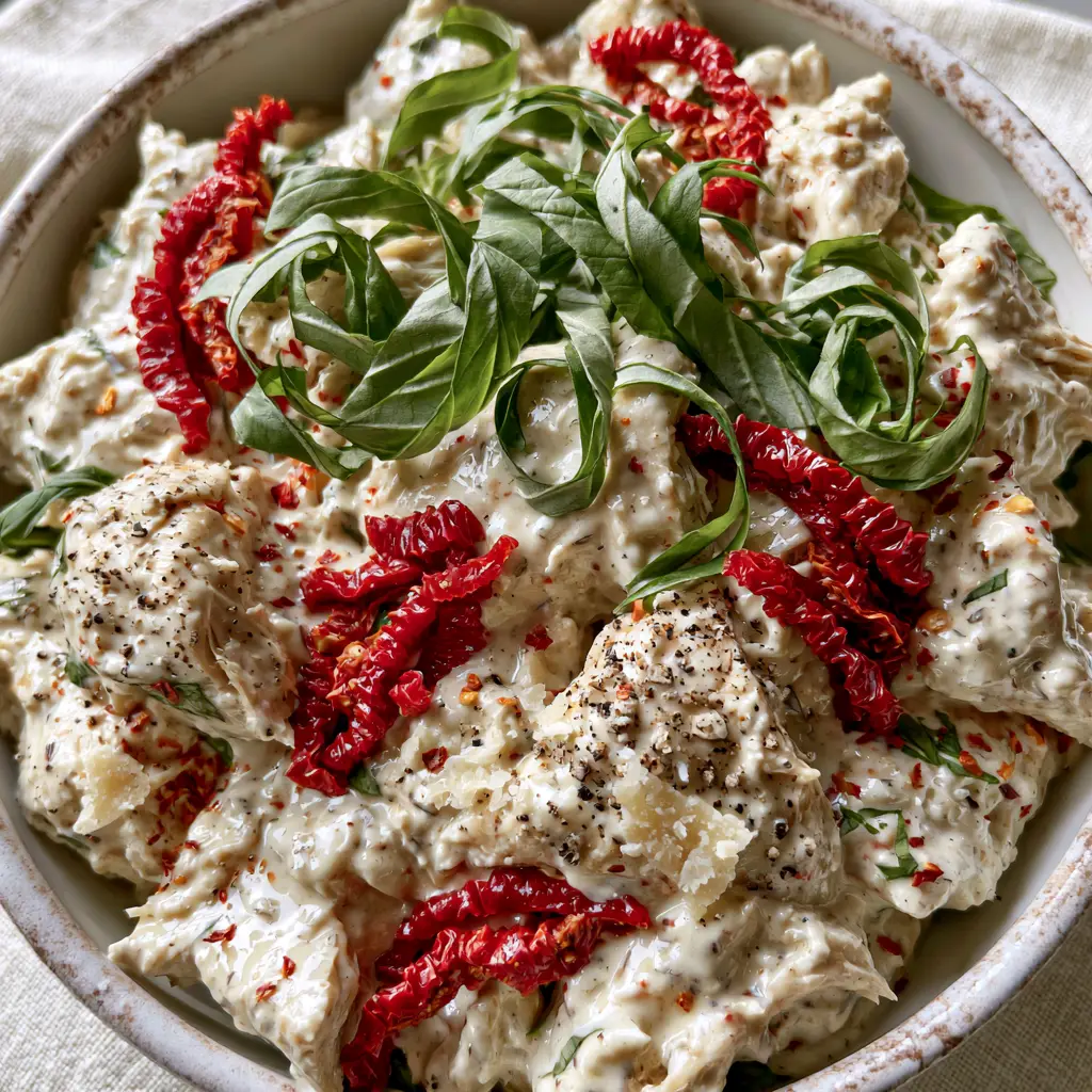 Marry Me Chicken Salad with Sun-Dried Tomatoes and Basil 1 Chunky marry me chicken salad with julienned sun-dried tomatoes and fresh basil ribbons.