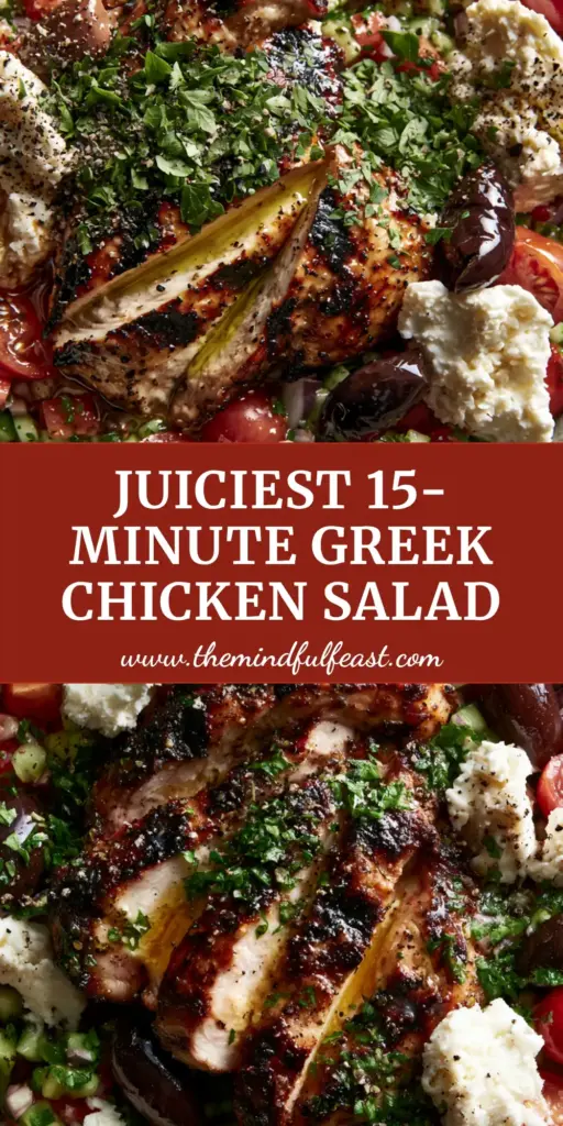 Mediterranean Grilled Chicken Salad with Lemon-Oregano Vinaigrette 4 A macro, top-down view of a Mediterranean grilled chicken salad in a matte stoneware bowl featuring grilled chicken with char marks, Persian cucumbers, and feta crumbles.