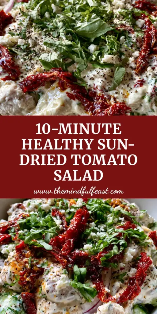 Sun-Dried Tomato Chicken Salad: The Ultimate Creamy Mediterranean Lunch 4 A top-down view of Sun-Dried Tomato Chicken Salad in a white bowl, showing moist shredded chicken, red tomato strips, and green basil.