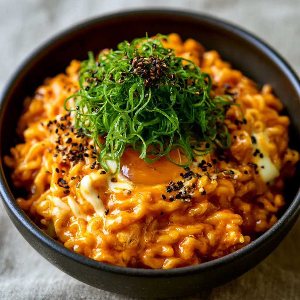 Buldak Noodles: The Ultimate Creamy Spicy Korean Ramen Recipe 1 Top-down view of Buldak noodles with white mozzarella ribbons and a mountain of green scallions.