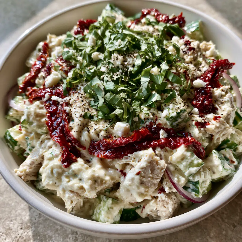 Sun-Dried Tomato Chicken Salad: The Ultimate Creamy Mediterranean Lunch 2 Smartphone photo of Sun-Dried Tomato Chicken Salad in a ceramic bowl on a stone countertop, highlighting the glossy Greek yogurt dressing.