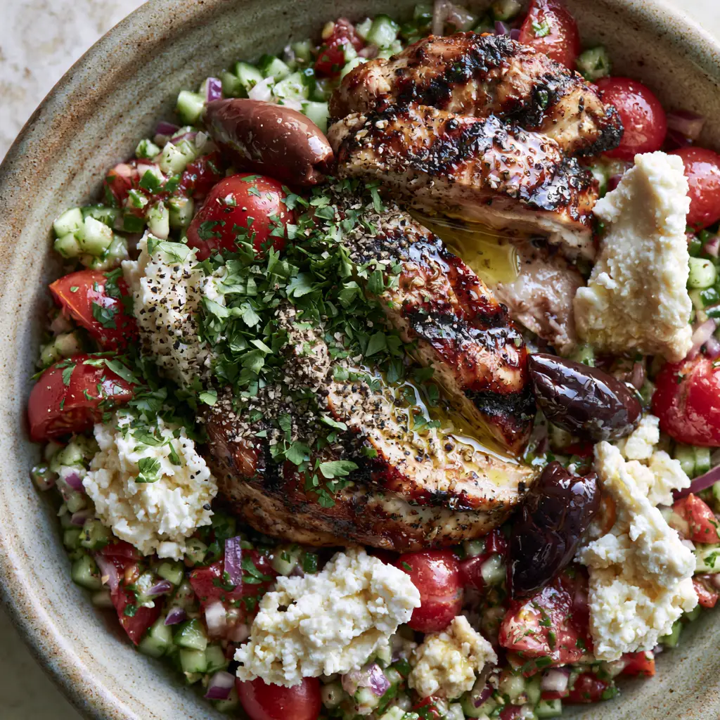 Mediterranean Grilled Chicken Salad with Lemon-Oregano Vinaigrette 1 Close up of rustic feta crumbles, Kalamata olives, and fresh parsley garnish on a Mediterranean grilled chicken salad.