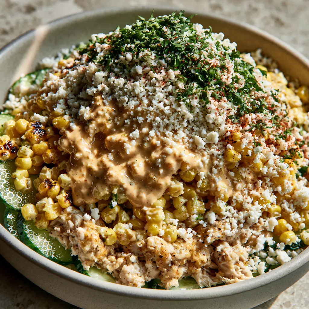 Street Corn Creamy Cucumber Chicken Salad with Chipotle-Lime Crema 2 Close up of moisture-beaded Persian cucumber slices and shredded chicken in a street corn creamy cucumber chicken salad. (street corn creamy cucumber chicken salad)