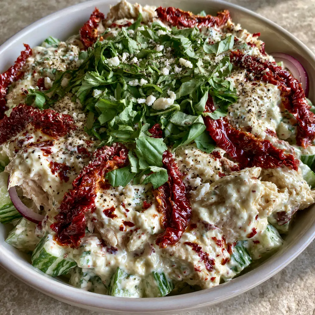 Sun-Dried Tomato Chicken Salad: The Ultimate Creamy Mediterranean Lunch 1 Close-up of shredded chicken and sun-dried tomatoes folded into a thick, creamy Greek yogurt dressing.