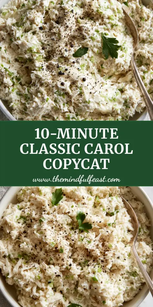 Chicken Salad Chick Classic Carol Recipe: The Ultimate Guide to Fluffy, Pulverized Perfection 3 A close-up top-down view of Chicken Salad Chick Classic Carol in a white bowl with finely shredded chicken and celery specks.