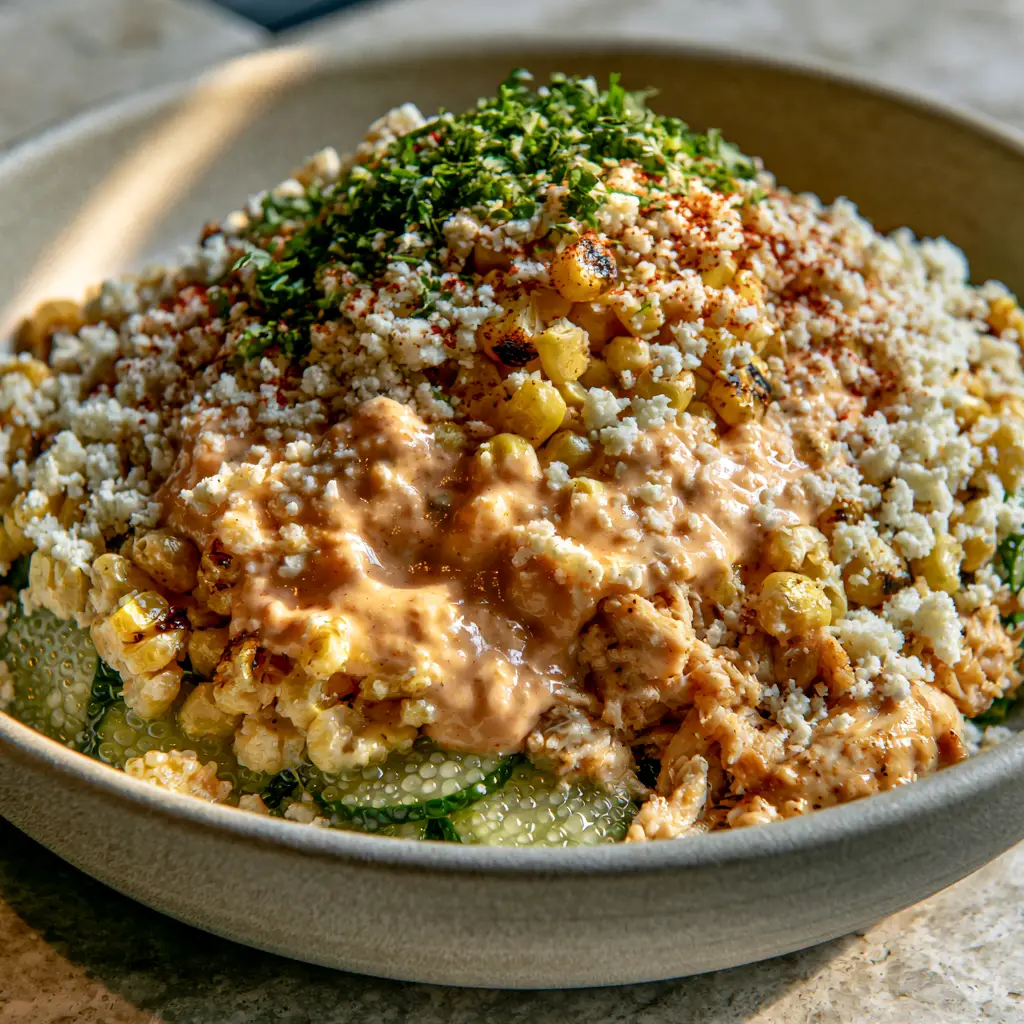 Street Corn Creamy Cucumber Chicken Salad with Chipotle-Lime Crema 1 Drizzling pale-orange chipotle-lime crema over a mountain of golden sweet corn and cotija cheese.