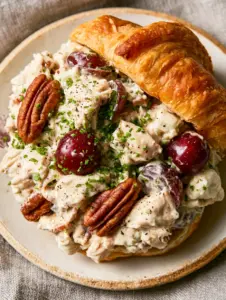 Macro photo of hand-torn poached chicken breast in a thick ivory emulsion with pecans and grapes. (Southern Style Chicken Salad)