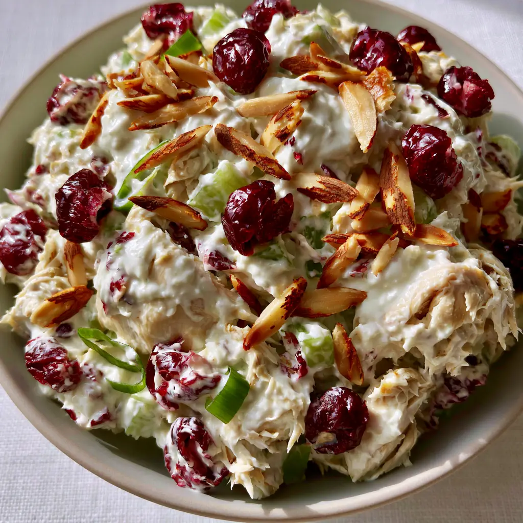 Cranberry Almond Chicken Salad with Creamy Greek Yogurt Dressing 2 Macro top-down shot of cranberry almond chicken salad showing thick opaque Greek yogurt dressing and golden toasted almonds.