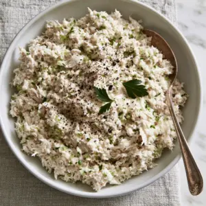 Detailed close-up of pulverized chicken salad with glossy mayo and emerald celery flakes. (Chicken Salad Chick Classic Carol)