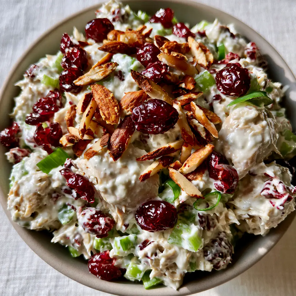 Cranberry Almond Chicken Salad with Creamy Greek Yogurt Dressing 1 Close-up of shredded rotisserie chicken in a cranberry almond chicken salad with bright green scallions and emerald celery.