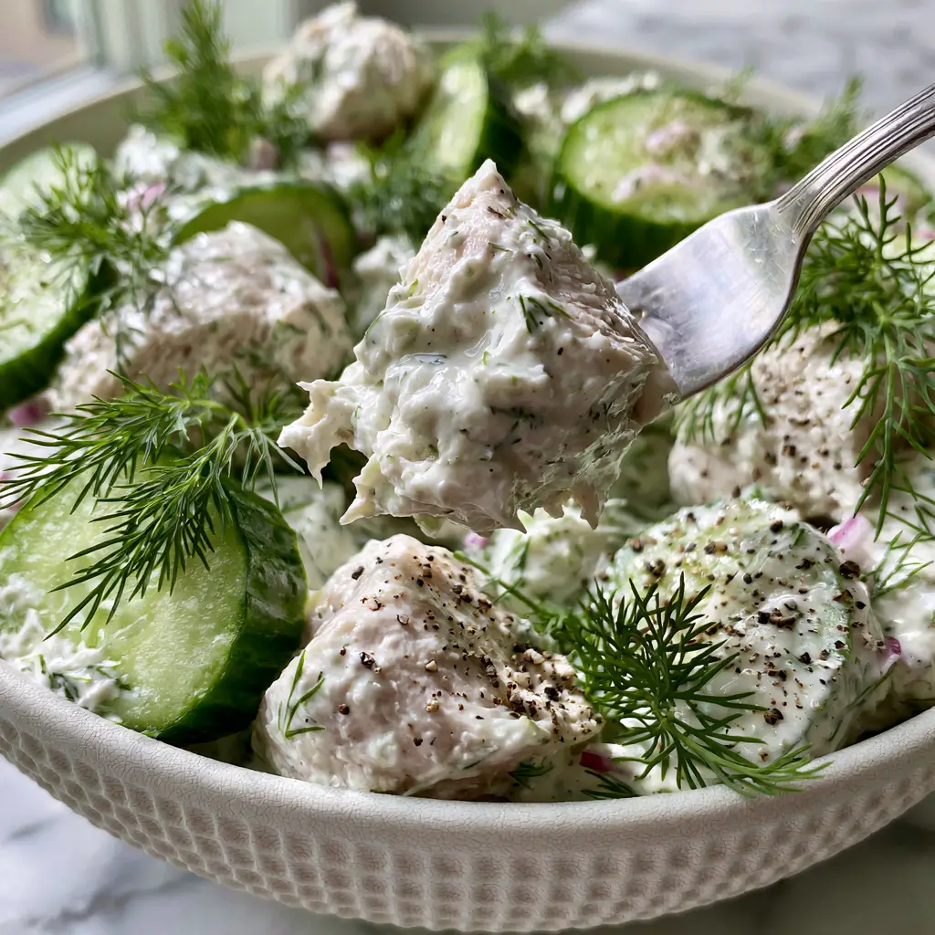 Cucumber Dill Chicken Salad: The Ultimate Crunchy and Creamy Lunch 2 Overhead shot of Cucumber Dill Chicken Salad showing thick-cut cucumbers and fresh dill sprigs.
