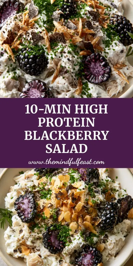 High-angle view of Blackberry Cottage Cheese Chicken Salad in a cream bowl with toasted almonds and fresh tarragon sprigs.