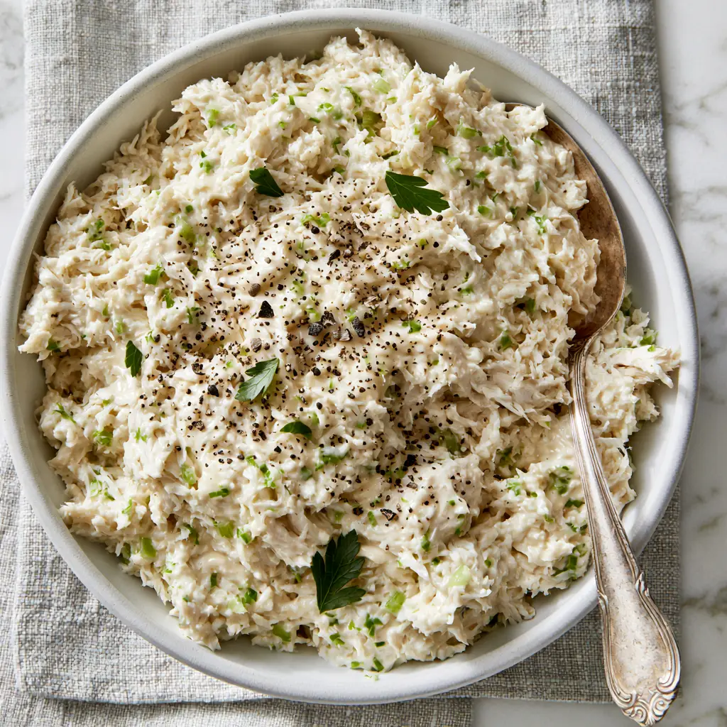 Chicken Salad Chick Classic Carol Recipe: The Ultimate Guide to Fluffy, Pulverized Perfection 1 Chicken salad in a white ceramic bowl on a grey linen napkin with a silver spoon. (Chicken Salad Chick Classic Carol)