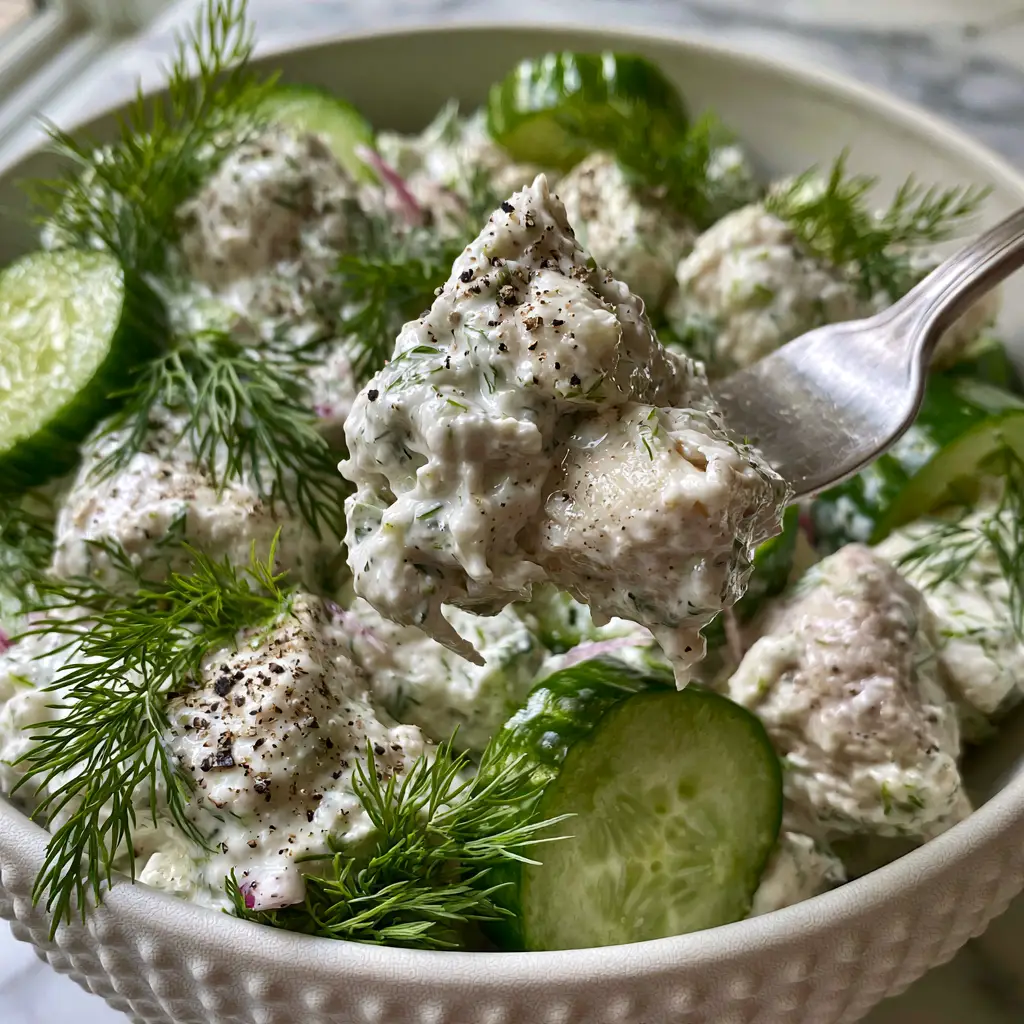 Cucumber Dill Chicken Salad: The Ultimate Crunchy and Creamy Lunch 1 A side view of the chicken salad in a textured matte white bowl on a marble countertop.
