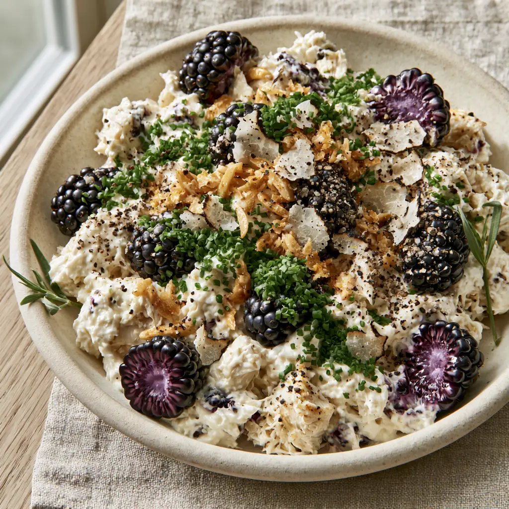 Close up of chunky pulled chicken tossed in whipped cottage cheese, topped with obsidian blackberries and golden almonds.