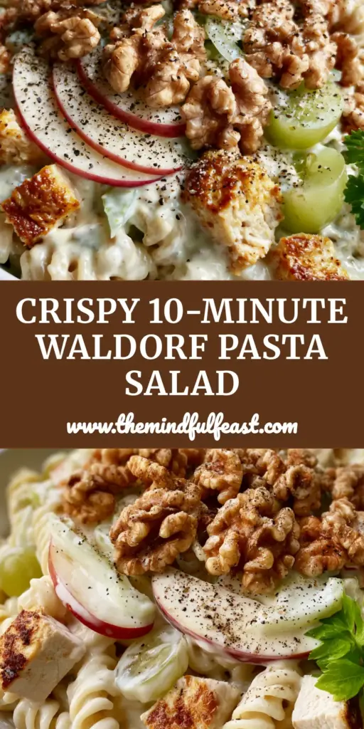 Waldorf Chicken Pasta Salad with Creamy Yogurt Dressing 4 A wide white ceramic bowl filled with Waldorf Chicken Pasta Salad featuring rotini, golden chicken, red apples, and walnuts on a stone background.