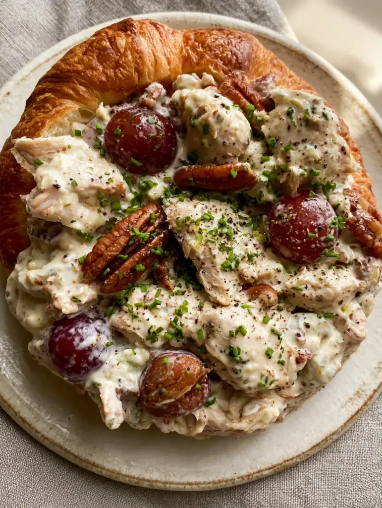 Southern Style Chicken Salad: The Ultimate Ultra-Creamy Croissant Filler 1 Close-up of toasted buttery croissant filled with Southern Style Chicken Salad and topped with chives and cracked pepper.