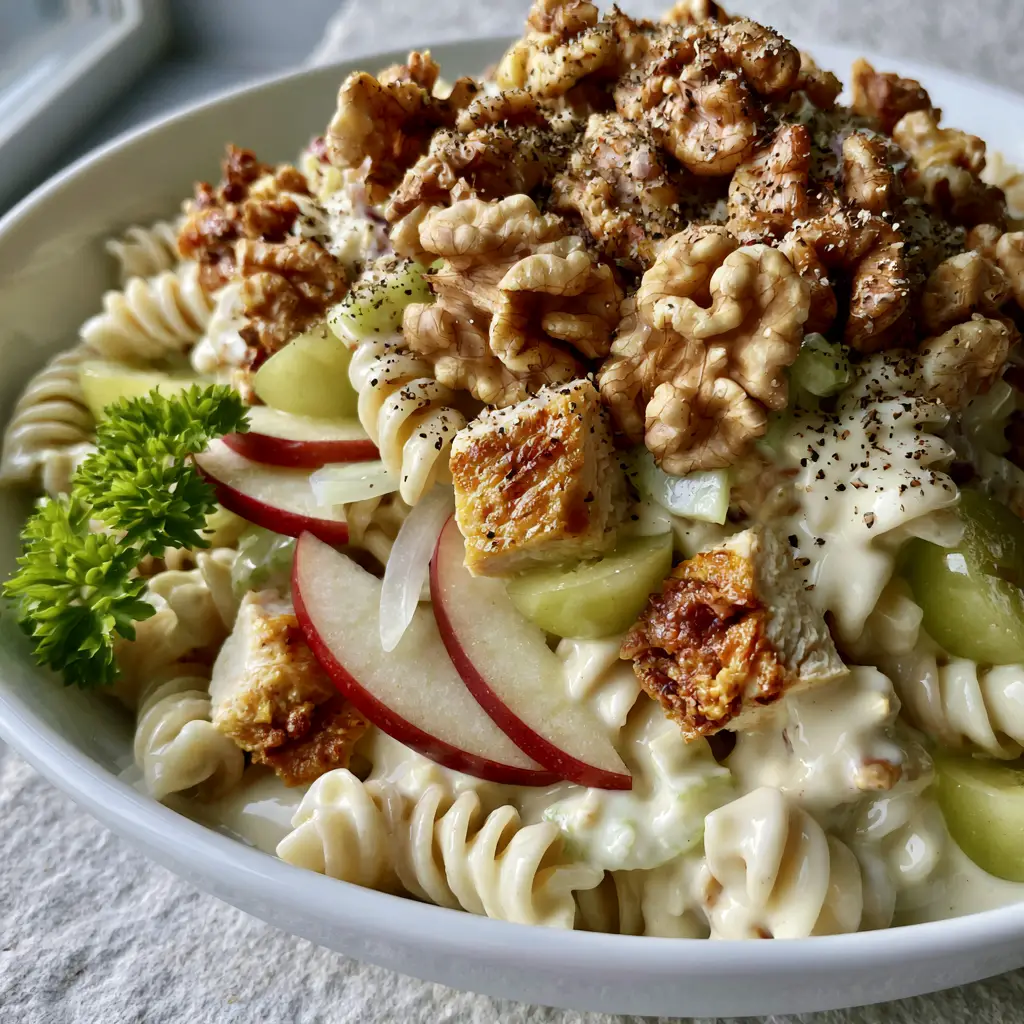 Waldorf Chicken Pasta Salad with Creamy Yogurt Dressing 2 Close up handheld photo showing the glossy ivory yogurt dressing and textures of honeycrisp apples in Waldorf Chicken Pasta Salad.