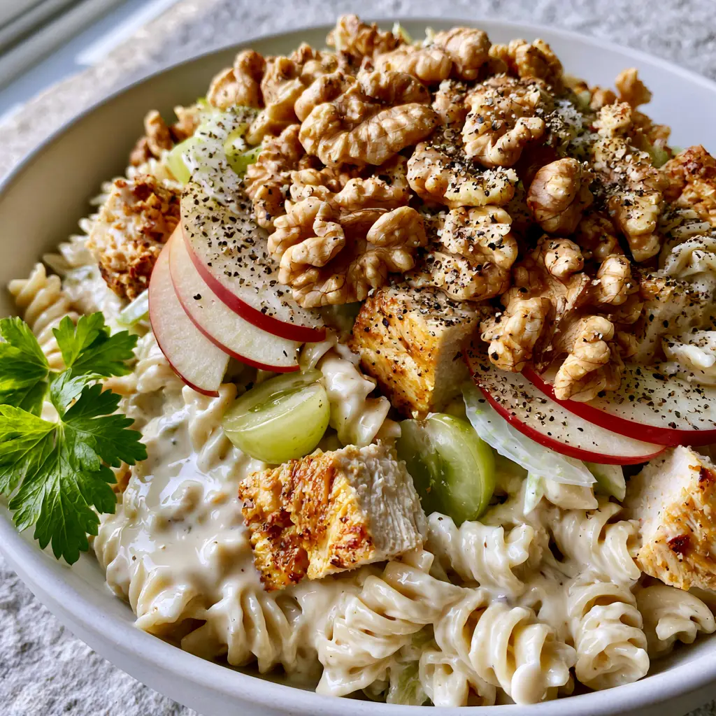 Waldorf Chicken Pasta Salad with Creamy Yogurt Dressing 1 Overhead shot of Waldorf Chicken Pasta Salad highlighting the golden-seared chicken and chunky toasted walnuts.