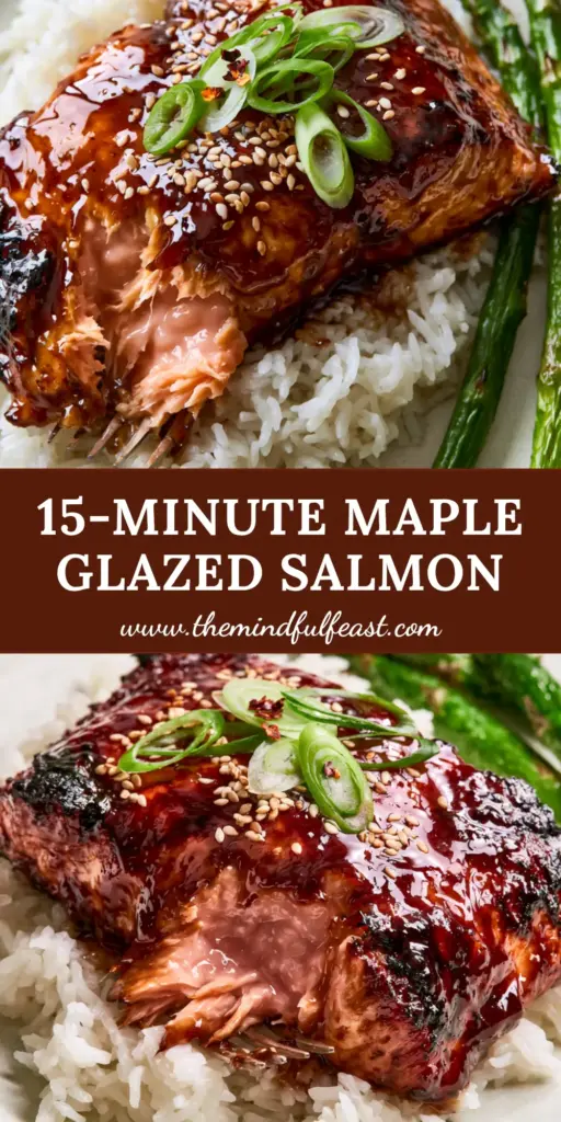 Maple Glazed Salmon With Charred Edges and Roasted Asparagus 3 A top-down macro shot of a thick, pan-seared Maple Glazed Salmon fillet on jasmine rice with charred edges and roasted asparagus.
