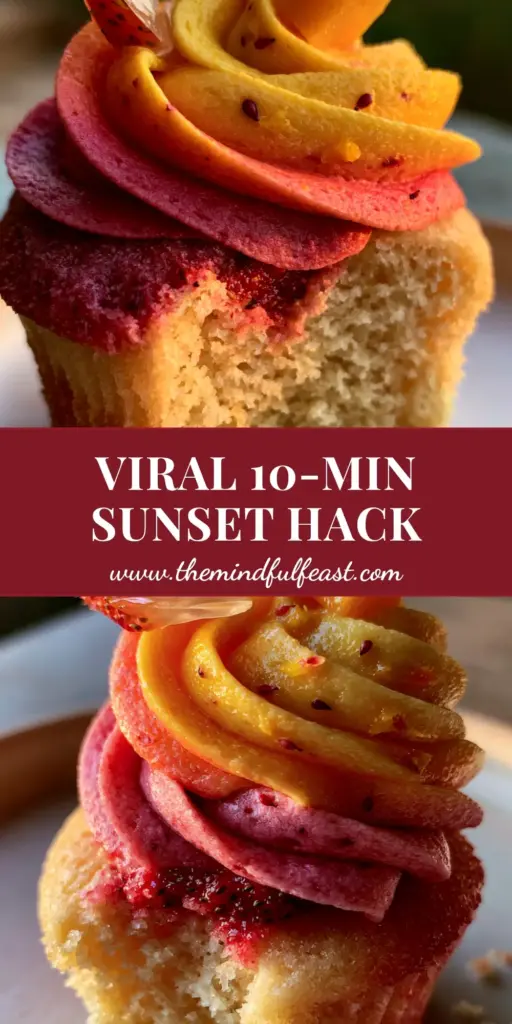 mango strawberry sunset cupcakes with Two-Tone Ombre Buttercream 4 A tall gourmet cupcake with a two-tone ruby red and mango gold buttercream swirl garnished with a translucent strawberry slice and mango cube. (mango strawberry sunset cupcakes)