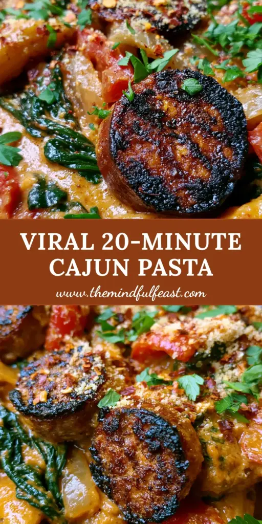 A top-down view of a cast iron skillet filled with Cajun Sausage Pasta, showing charred andouille rounds, wilted spinach, and red peppers in a sunset-orange sauce.