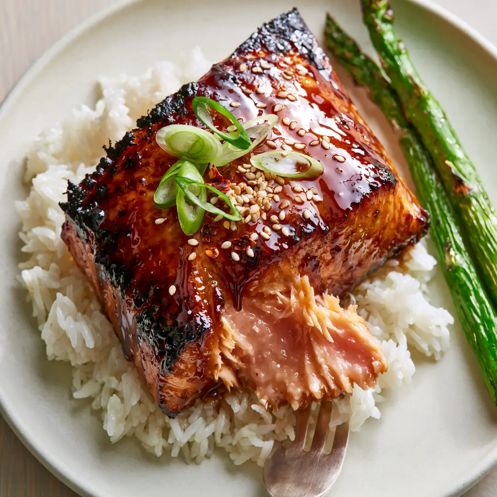 Maple Glazed Salmon With Charred Edges and Roasted Asparagus 2 Close-up of Maple Glazed Salmon showing a fork flaking open the moist pink interior and the thick, reflective glaze.