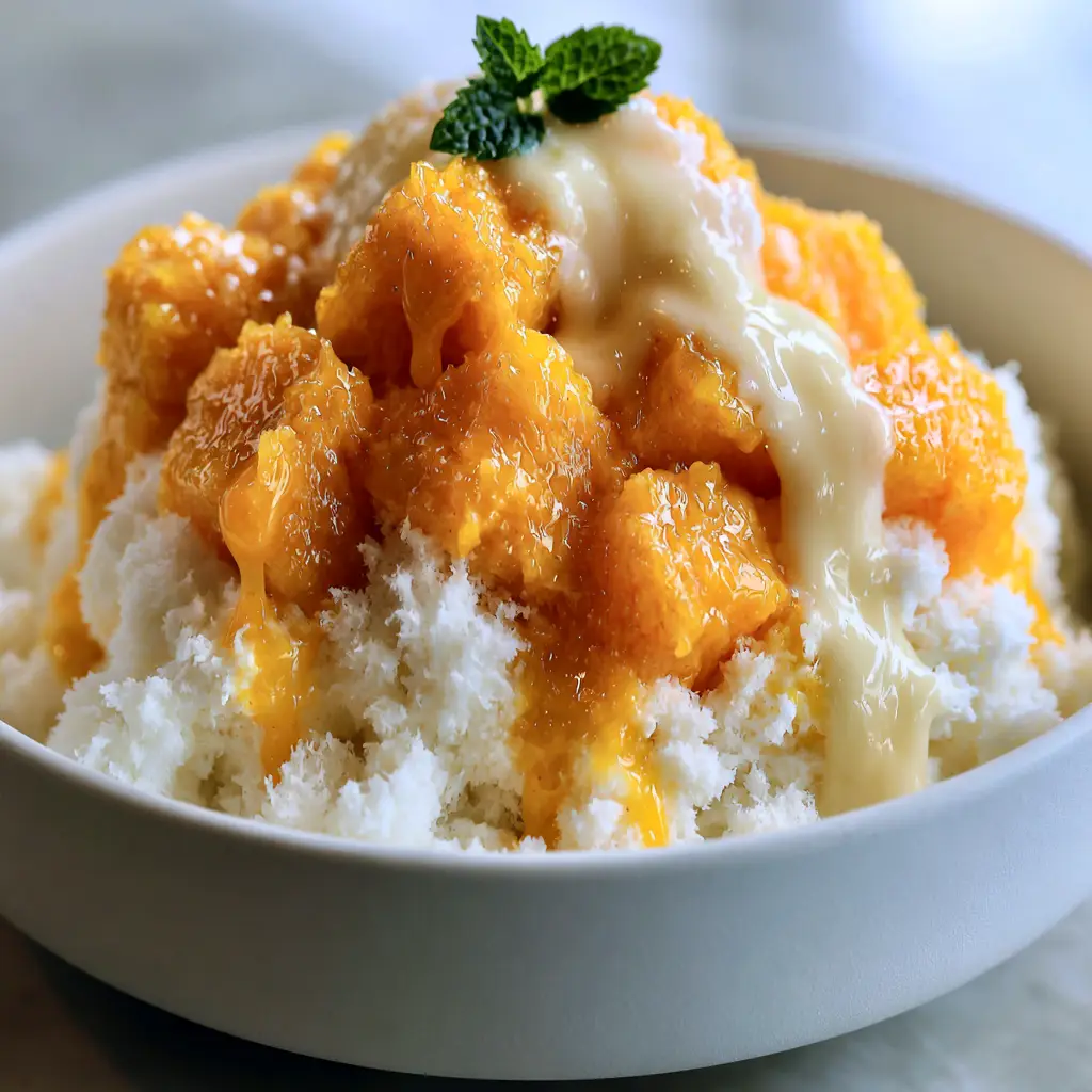 Mango Bingsu Recipe: Ultra-Fluffy Korean Shaved Milk Ice with Honey Mango 2 Extreme close-up of mango bingsu showing the crystalline texture of milk snow and glistening mango cubes. (mango bingsu)