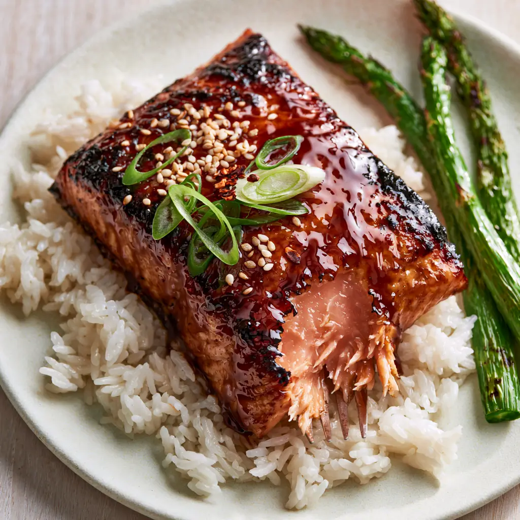 Maple Glazed Salmon With Charred Edges and Roasted Asparagus 1 Top-down view of pan-seared salmon with maple glaze, garnished with scallions and chili flakes next to charred asparagus.