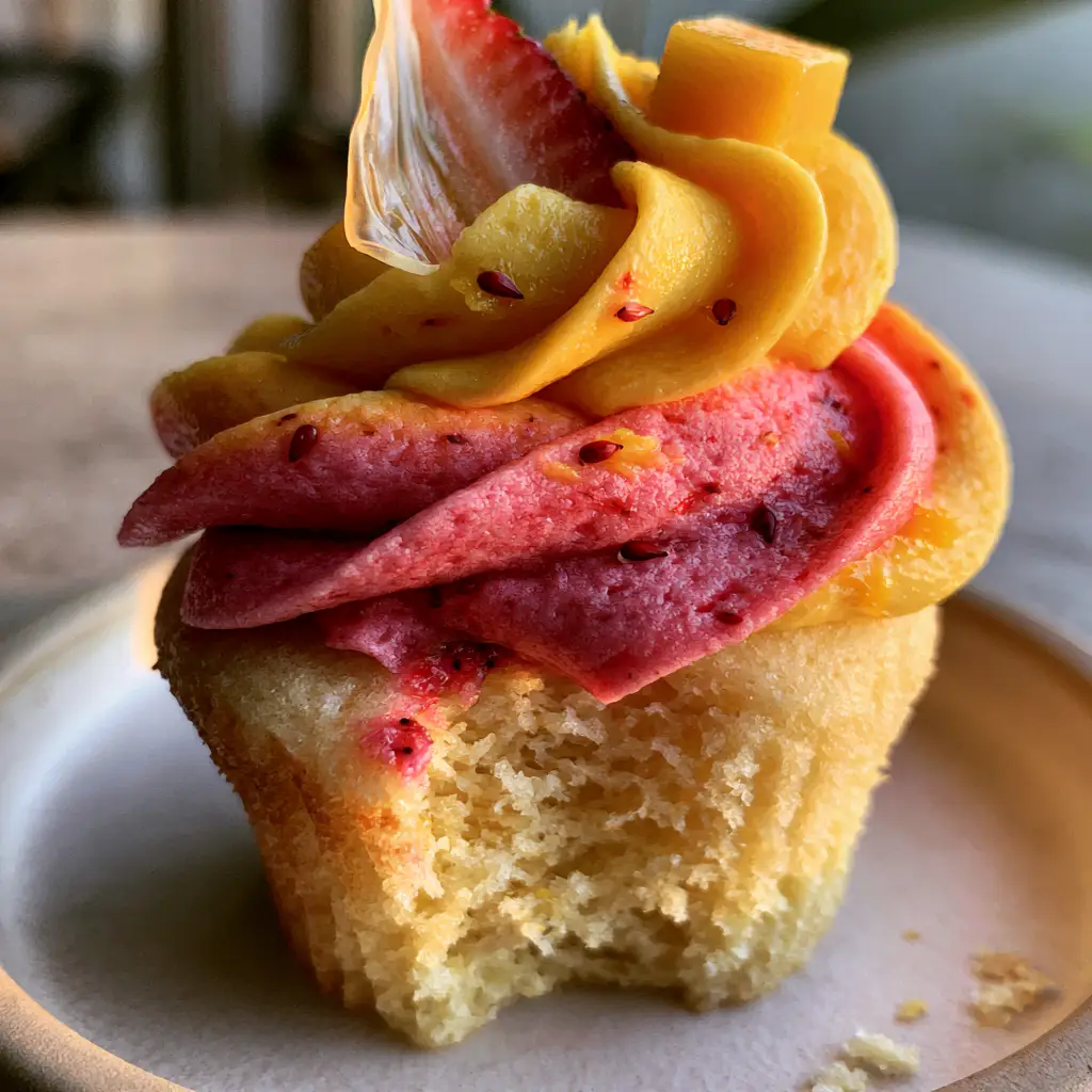 mango strawberry sunset cupcakes with Two-Tone Ombre Buttercream 1 A single mango strawberry sunset cupcake on a ceramic plate with natural crumbs, featuring a ruby red to mango gold transition in the frosting.
