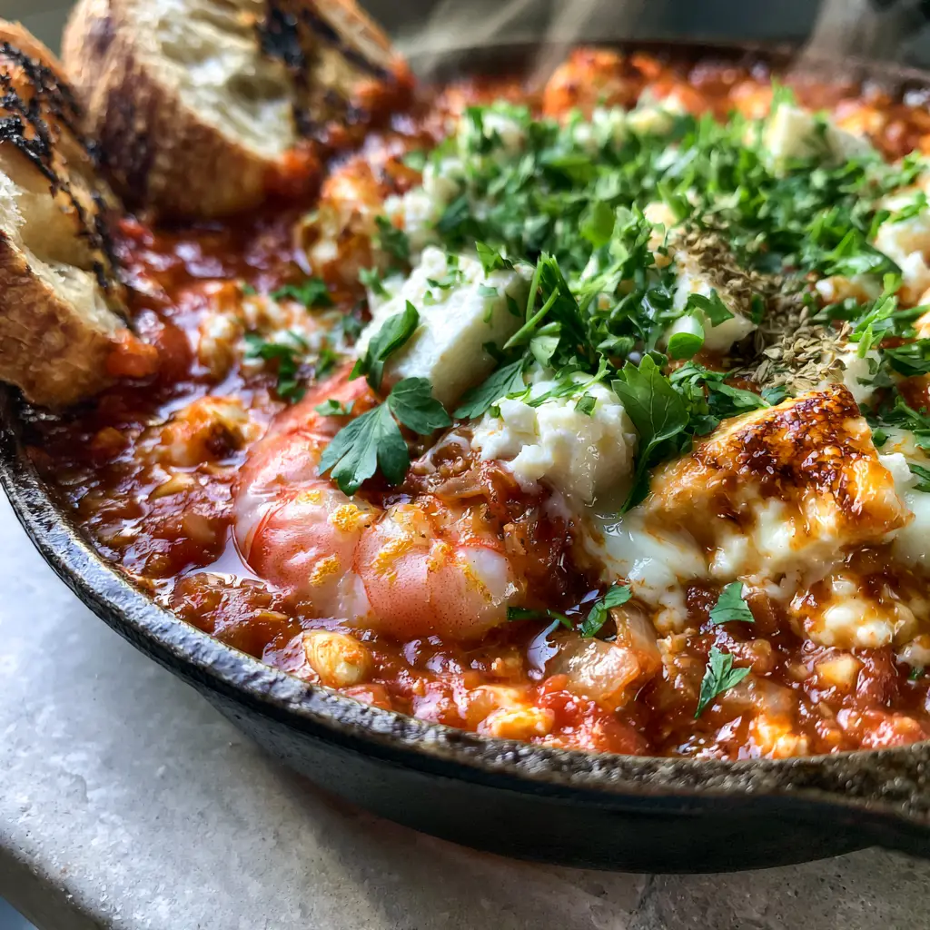 Close-up of melted feta chunks with toasted golden-brown edges scattered over a rich red Greek Shrimp Saganaki sauce.