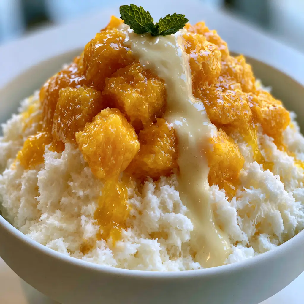 Mango Bingsu Recipe: Ultra-Fluffy Korean Shaved Milk Ice with Honey Mango 1 A thick ivory stream of condensed milk being drizzled over a mango bingsu bowl.