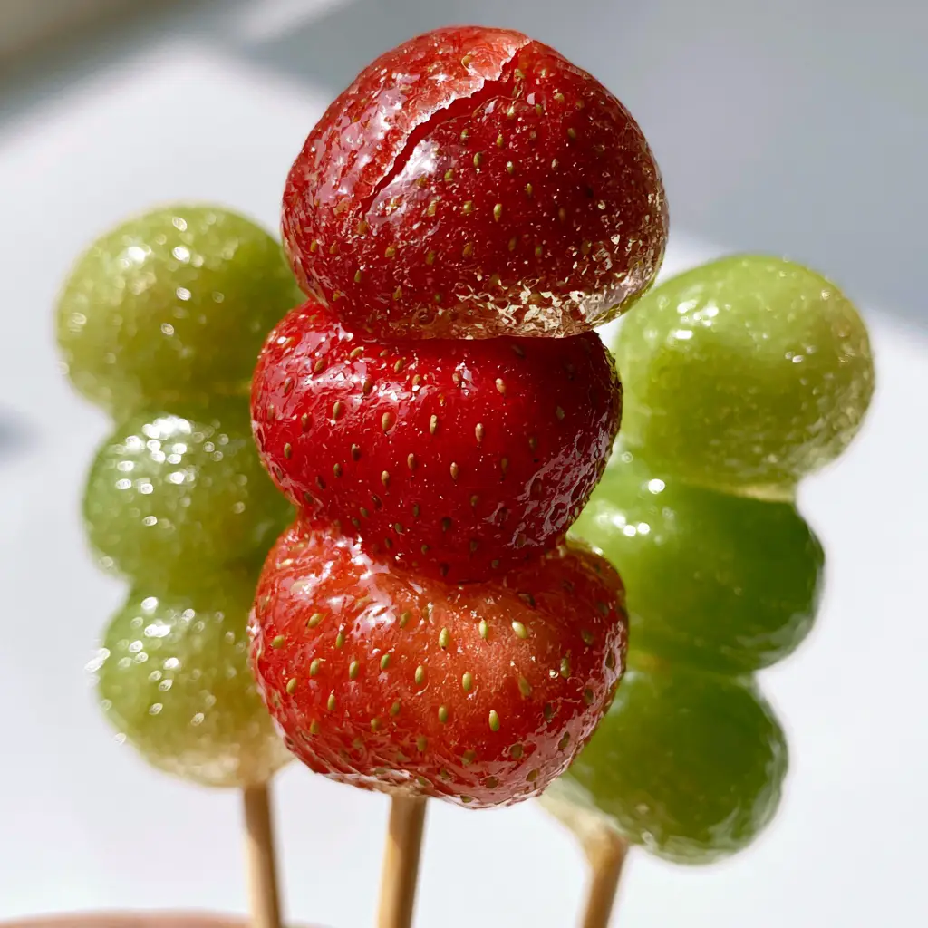 Tanghulu Recipe: The Ultimate Guide to Crystal Clear Glass-Coated Fruit 1 Smartphone photo of green grape and strawberry Tanghulu skewers against a white marble background.
