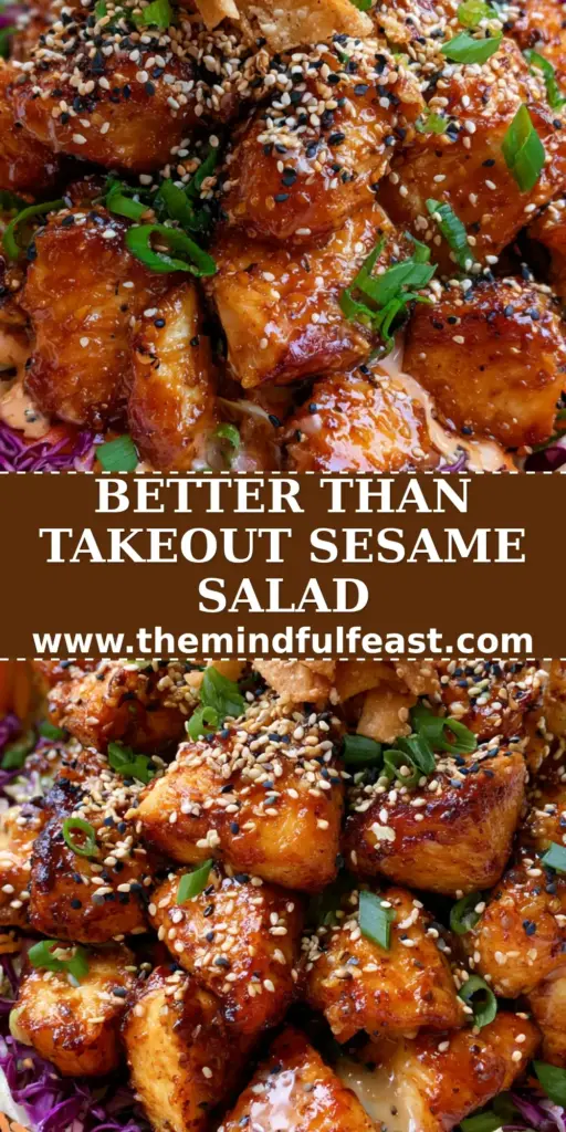 Sesame Chicken Salad with Glossy Ginger Glaze and Creamy Dressing 4 A top-down view of a crunchy sesame chicken salad with glossy amber chicken and creamy dressing drizzle in a white bowl.