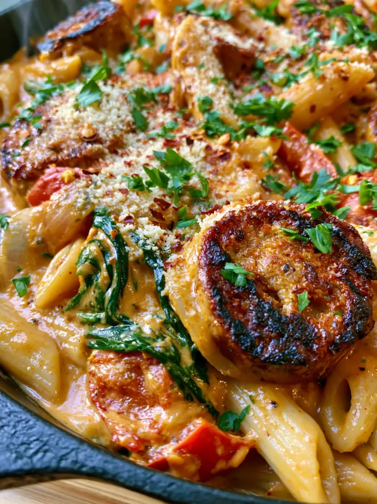 A 45-degree angle shot of penne pasta smothered in Cajun cream sauce with visible red peppers and parmesan dusting.